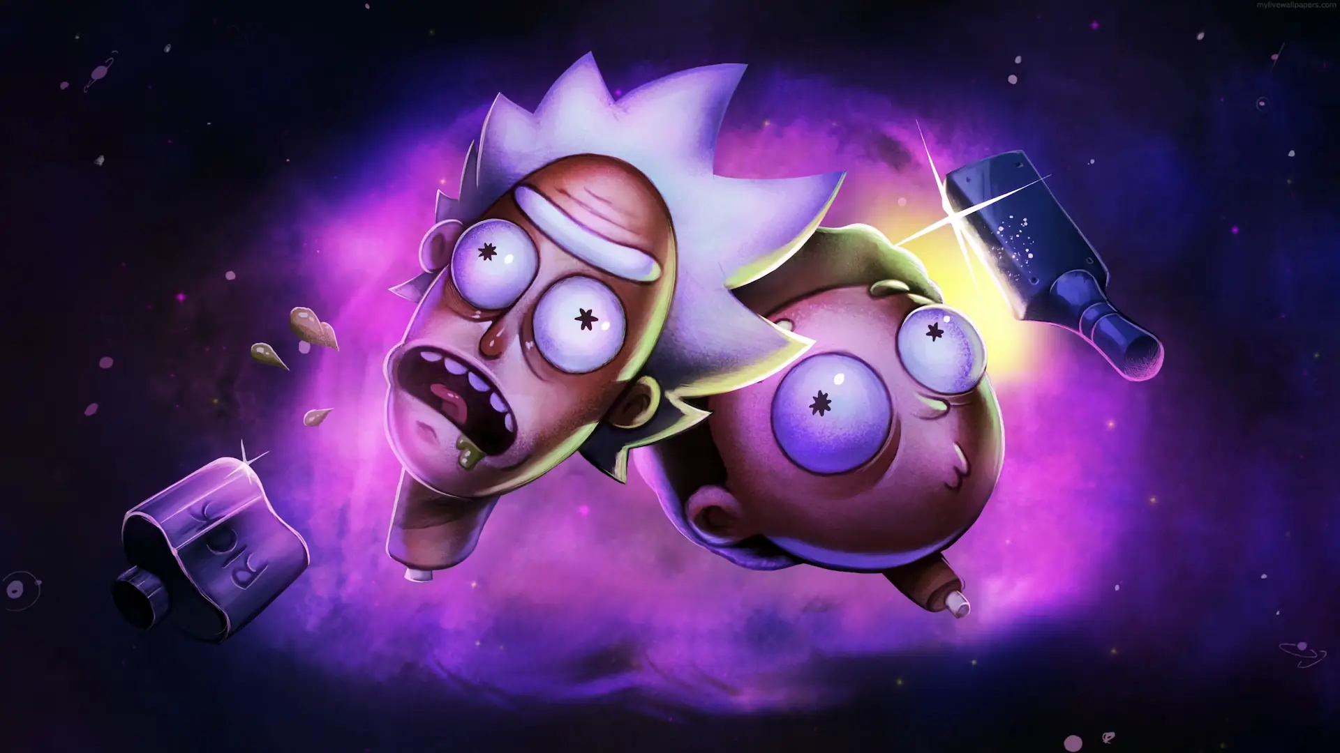 Rick and Morty’s shocked floating heads drifting in a glowing purple cosmic nebula with bottles, debris, and swirling space particles live wallpaper
