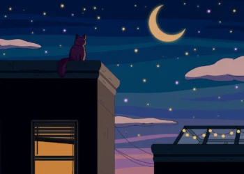 Purple cat sitting on a rooftop under a glowing crescent moon with warm windows and starry night sky live wallpaper