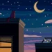 Rooftop Cat Under Crescent Moon Live Wallpaper 10 Purple cat sitting on a rooftop under a glowing crescent moon with warm windows and starry night sky live wallpaper