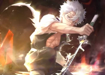 Sanemi Wind Hashira Battle Stance Live Wallpaper 1 Sanemi Wind Hashira in battle stance with glowing wind effects, scarred body, tattered haori, drawn sword, intense fiery lighting and motion effects live wallpaper