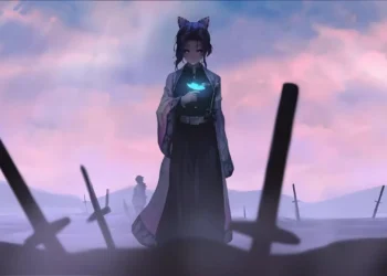 Shinobu Kocho standing in a misty sword-filled field at sunrise, holding a glowing butterfly with petals drifting around her in an emotional anime scene live wallpaper