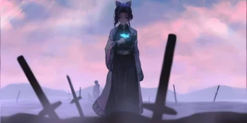 Shinobu Kocho standing in a misty sword-filled field at sunrise, holding a glowing butterfly with petals drifting around her in an emotional anime scene live wallpaper