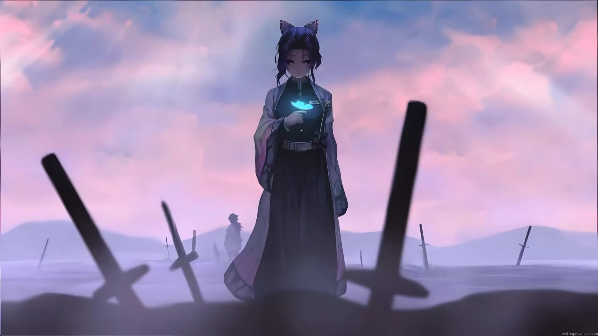 Shinobu Kocho standing in a misty sword-filled field at sunrise, holding a glowing butterfly with petals drifting around her in an emotional anime scene live wallpaper