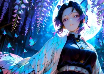 Shinobu Kocho Moonlit Garden Live Wallpaper 1 Shinobu Kocho standing under glowing wisteria flowers with blue butterflies and full moon in the background live wallpaper