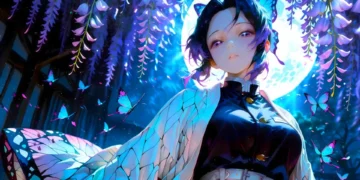 Shinobu Kocho standing under glowing wisteria flowers with blue butterflies and full moon in the background live wallpaper