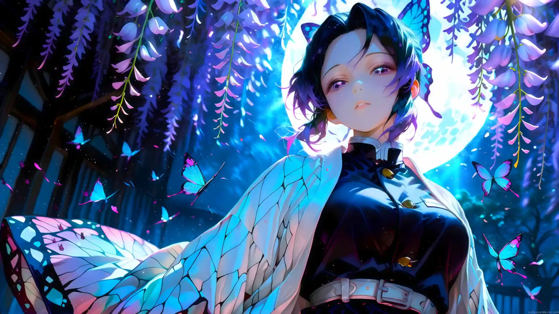 Shinobu Kocho standing under glowing wisteria flowers with blue butterflies and full moon in the background live wallpaper