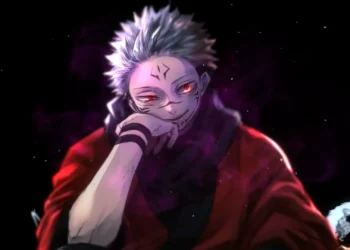 Sukuna sitting with a menacing smile, glowing red eyes, dark cursed smoke around him, red cloak, and a black void background in an intense anime villain live wallpaper