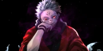 Sukuna sitting with a menacing smile, glowing red eyes, dark cursed smoke around him, red cloak, and a black void background in an intense anime villain live wallpaper