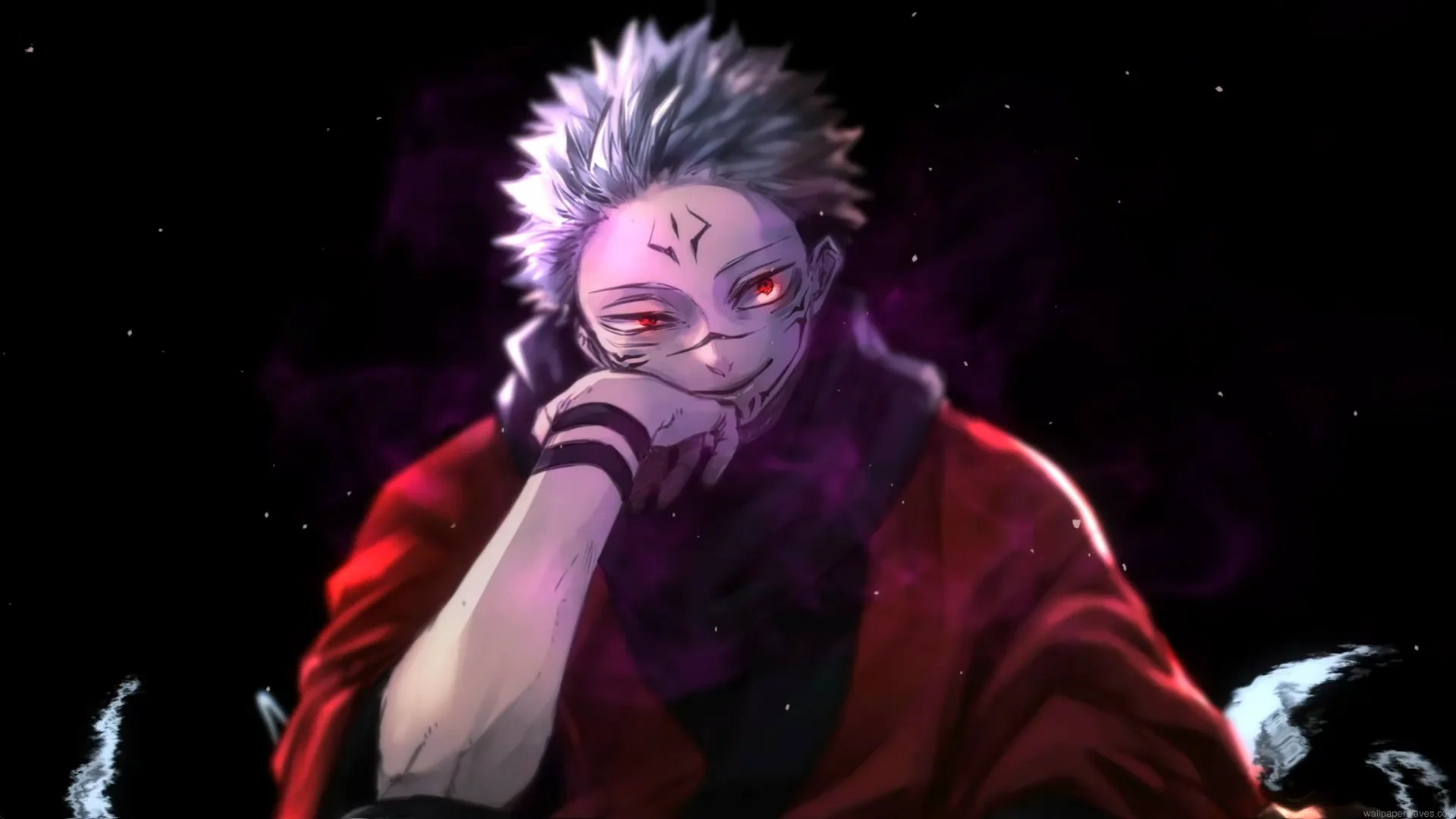 Sukuna sitting with a menacing smile, glowing red eyes, dark cursed smoke around him, red cloak, and a black void background in an intense anime villain live wallpaper