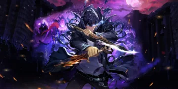 Sung Jinwoo holding dual blades surrounded by swirling purple shadows and towering spectral soldiers under a red moon in a dramatic anime fantasy scene live wallpaper.