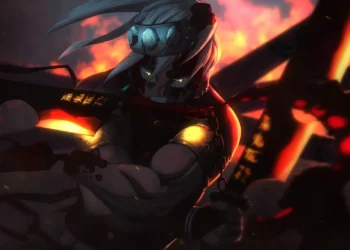 Tengen Uzui glowing in fiery light while wielding his dual cleavers, surrounded by smoke, sparks, and intense battlefield flames in a dramatic Demon Slayer live wallpaper