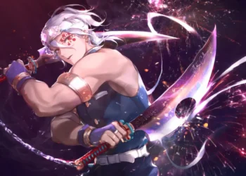 Tengen Uzui unleashing a flashy dual-blade slash surrounded by violet sparks, swirling light trails, and explosive festival-like effects live wallpaper