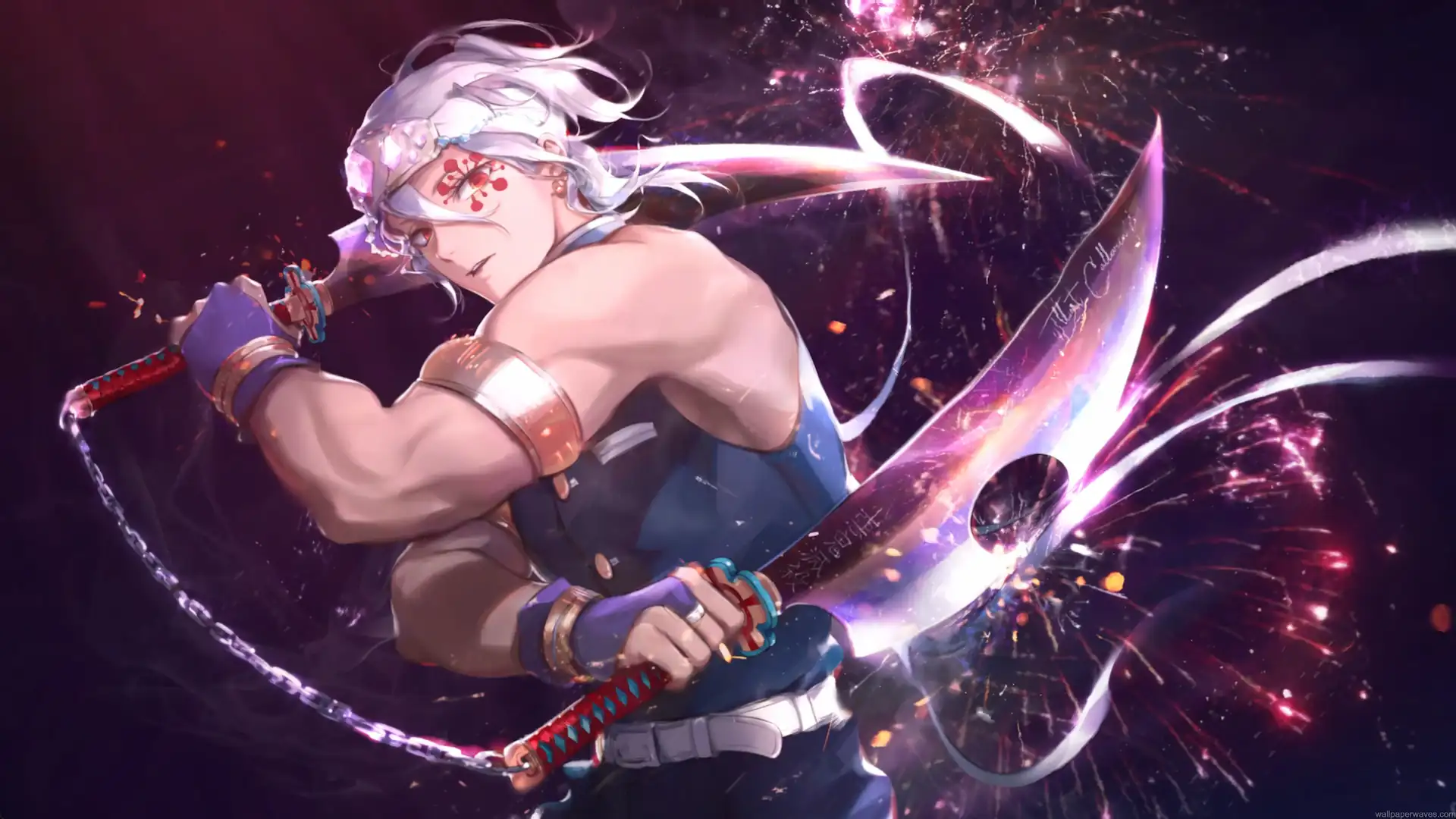 Tengen Uzui unleashing a flashy dual-blade slash surrounded by violet sparks, swirling light trails, and explosive festival-like effects live wallpaper