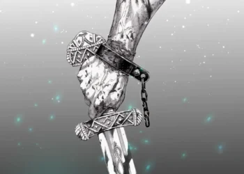 Black-and-white sketch of Thorfinn’s hand gripping a runic sword with broken chains and glowing embers floating around the scene live wallpaper