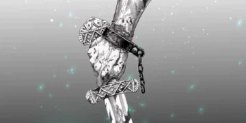 Black-and-white sketch of Thorfinn’s hand gripping a runic sword with broken chains and glowing embers floating around the scene live wallpaper