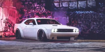 White Dodge Challenger Under Rain Live Wallpaper 14 White Dodge Challenger parked under neon graffiti walls in the rain with reflections on wet pavement live wallpaper