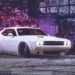 White Dodge Challenger parked under neon graffiti walls in the rain with reflections on wet pavement live wallpaper