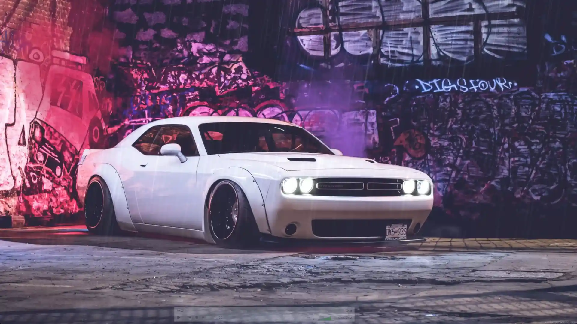 White Dodge Challenger parked under neon graffiti walls in the rain with reflections on wet pavement live wallpaper