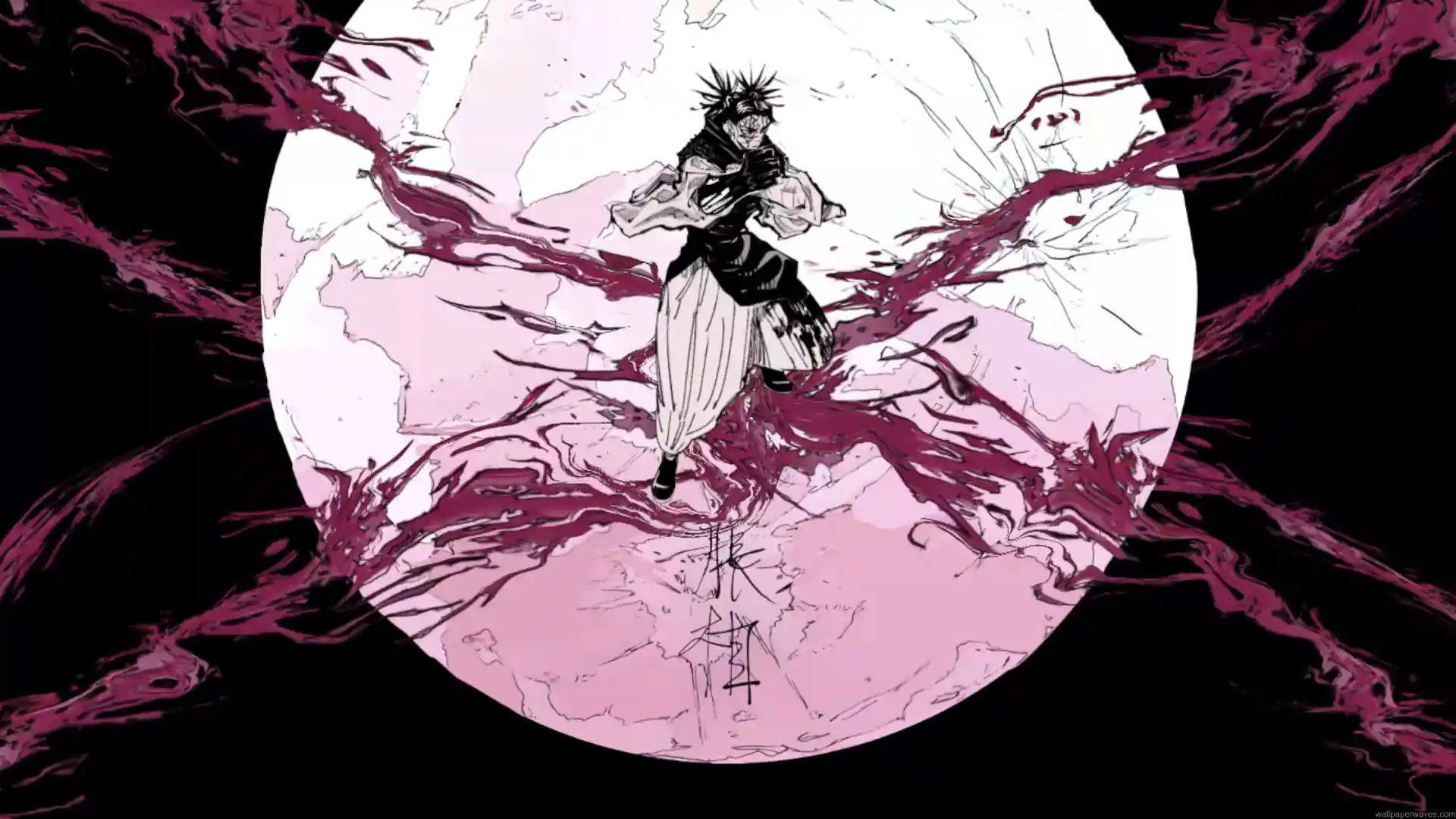 Choso using cursed blood technique with flowing crimson blood streams, pale moon background, dark Jujutsu Kaisen anime art style live wallpaper