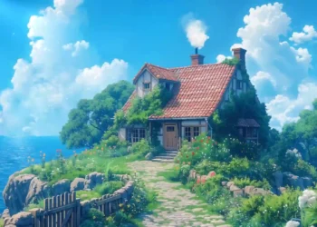 cozy anime-style cottage on a seaside cliff with flowers, greenery, stone path, blue sky, soft sunlight, and ocean view live wallpaper