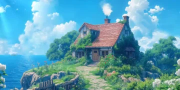 cozy anime-style cottage on a seaside cliff with flowers, greenery, stone path, blue sky, soft sunlight, and ocean view live wallpaper