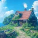 cozy anime-style cottage on a seaside cliff with flowers, greenery, stone path, blue sky, soft sunlight, and ocean view live wallpaper