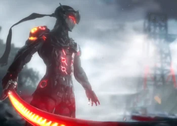 Genji Cyber Samurai Overwatch Live Wallpaper 1 cybernetic ninja warrior holding a glowing red energy sword in a futuristic battlefield with fog, ruins, and neon armor details live wallpaper