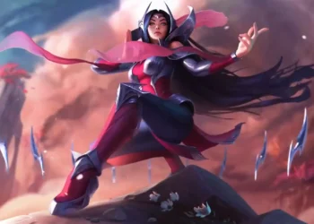 Irelia League of Legends Epic Combat Live Wallpaper 1 Irelia from League of Legends in epic combat stance with floating blades, red armor, flowing ribbons, and dramatic fantasy battlefield live wallpaper