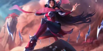 Irelia from League of Legends in epic combat stance with floating blades, red armor, flowing ribbons, and dramatic fantasy battlefield live wallpaper