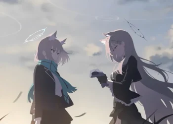 Izuna and Wakamo from Blue Archive standing face to face with glowing halo rings, soft pastel sky, flowing hair, and calm angelic atmosphere anime live wallpaper