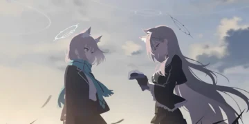 Izuna and Wakamo from Blue Archive standing face to face with glowing halo rings, soft pastel sky, flowing hair, and calm angelic atmosphere anime live wallpaper