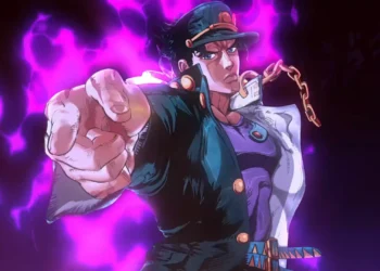 Jotaro Kujo pointing forward with glowing purple aura, iconic cap and intense expression, JoJo’s Bizarre Adventure anime style live wallpaper