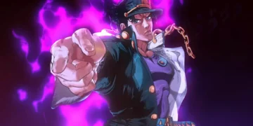 Jotaro Kujo pointing forward with glowing purple aura, iconic cap and intense expression, JoJo’s Bizarre Adventure anime style live wallpaper