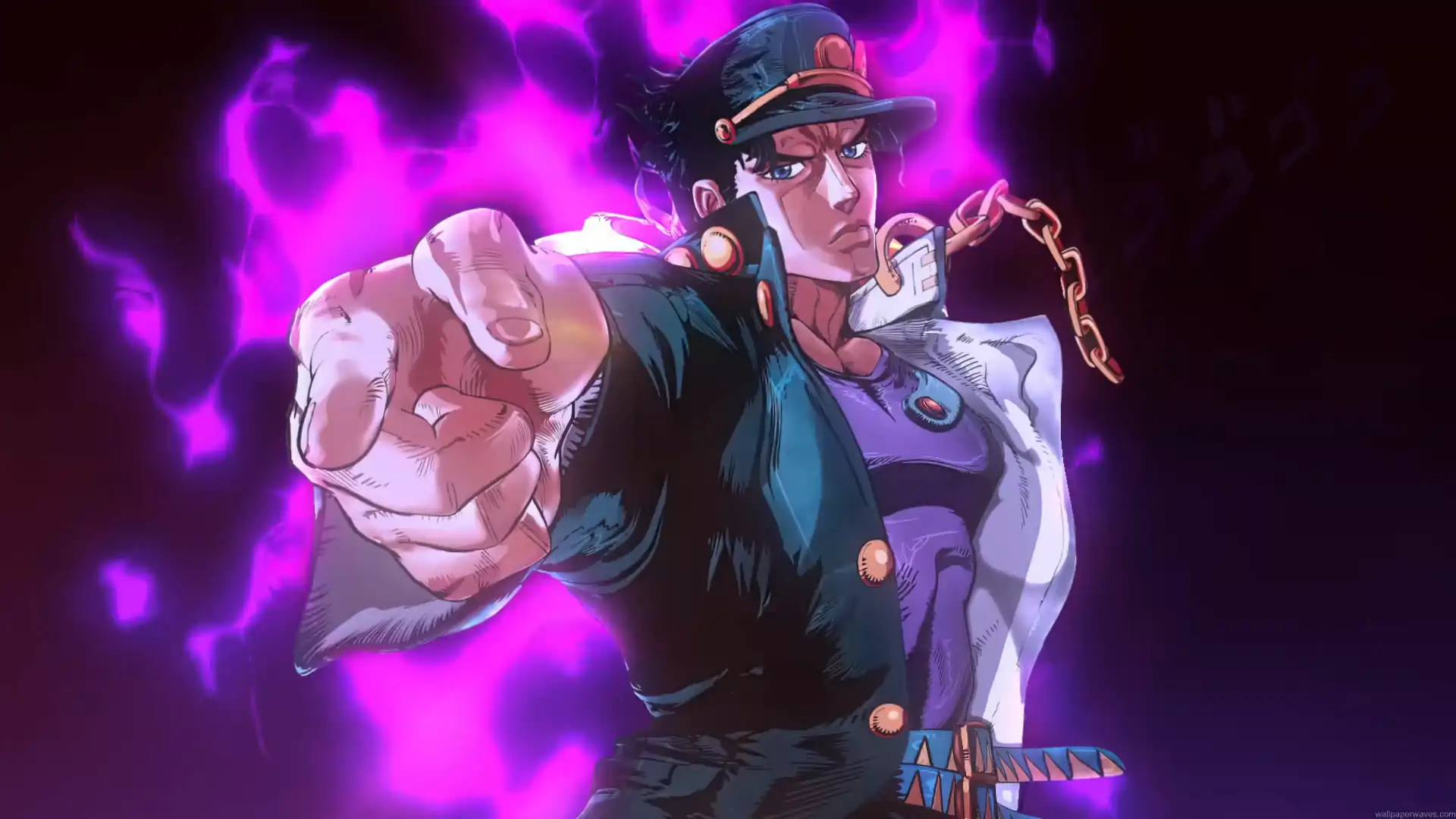 Jotaro Kujo pointing forward with glowing purple aura, iconic cap and intense expression, JoJo’s Bizarre Adventure anime style live wallpaper