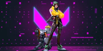 Killjoy from Valorant standing with turret in neon cyberpunk environment, yellow jacket, futuristic tech background, and digital glow live wallpaper