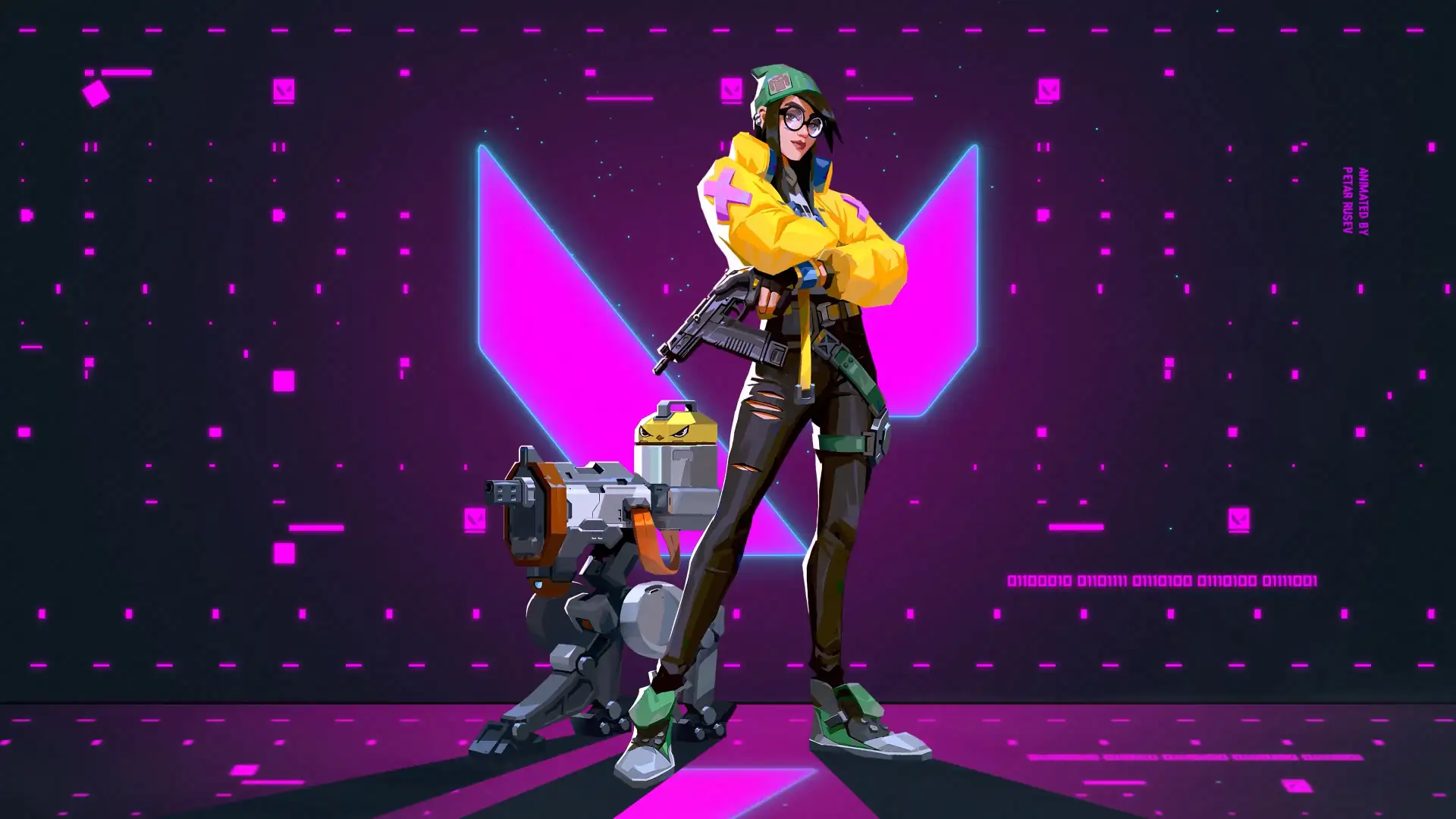 Killjoy from Valorant standing with turret in neon cyberpunk environment, yellow jacket, futuristic tech background, and digital glow live wallpaper