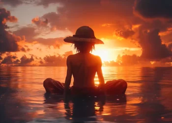 Luffy sitting in calm ocean water at sunset, warm orange sky, glowing reflections, peaceful meditation silhouette live wallpaper