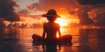 Luffy sitting in calm ocean water at sunset, warm orange sky, glowing reflections, peaceful meditation silhouette live wallpaper