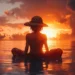 Luffy sitting in calm ocean water at sunset, warm orange sky, glowing reflections, peaceful meditation silhouette live wallpaper