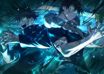 Megumi Fushiguro and Toji Zenin standing back to back with blue cursed energy and shadow effects in dark Jujutsu Kaisen anime style live wallpaper