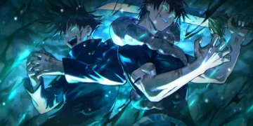 Megumi Fushiguro and Toji Zenin standing back to back with blue cursed energy and shadow effects in dark Jujutsu Kaisen anime style live wallpaper