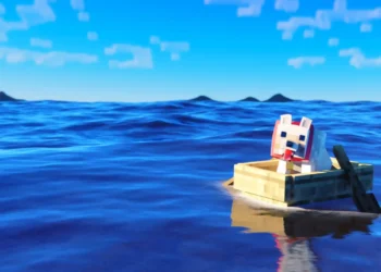 Minecraft Dog Sailing the Ocean Live Wallpaper 1 Minecraft dog sitting in a small wooden boat sailing across a bright blue ocean with pixelated waves and sky live wallpaper