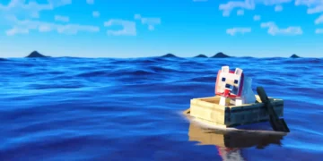 Minecraft dog sitting in a small wooden boat sailing across a bright blue ocean with pixelated waves and sky live wallpaper