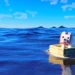 Minecraft dog sitting in a small wooden boat sailing across a bright blue ocean with pixelated waves and sky live wallpaper