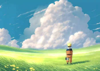 Naruto Uzumaki standing in a green field under a vast blue sky with towering white clouds, peaceful anime scenery and soft sunlight live wallpaper