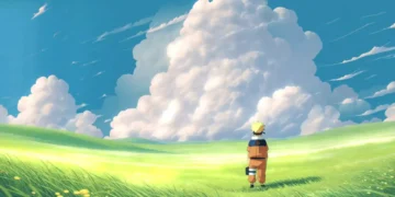 Naruto Uzumaki standing in a green field under a vast blue sky with towering white clouds, peaceful anime scenery and soft sunlight live wallpaper
