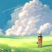 Naruto Uzumaki standing in a green field under a vast blue sky with towering white clouds, peaceful anime scenery and soft sunlight live wallpaper