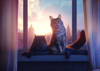 two cats sitting on a window sill at sunset with warm golden light, soft curtains, cozy interior, and dreamy city skyline in the background live wallpaper