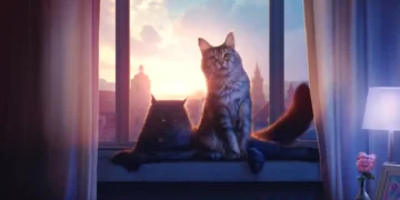 two cats sitting on a window sill at sunset with warm golden light, soft curtains, cozy interior, and dreamy city skyline in the background live wallpaper