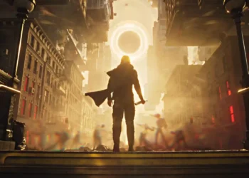 Mysterious lone figure facing a glowing resonant portal in a distorted city with floating buildings, golden light, and cinematic sci-fi atmosphere live wallpaper